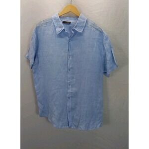 100% Linen light Blue Mens LG Short Sleeve Shirt Made in Italy breathable